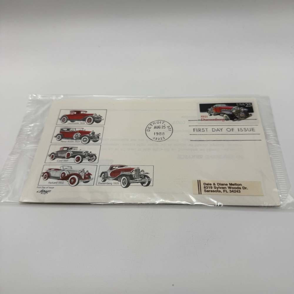 1988 USPS First Day of Issue Classic Cars 25c Duesenberg Stamp Detroit MI FDC